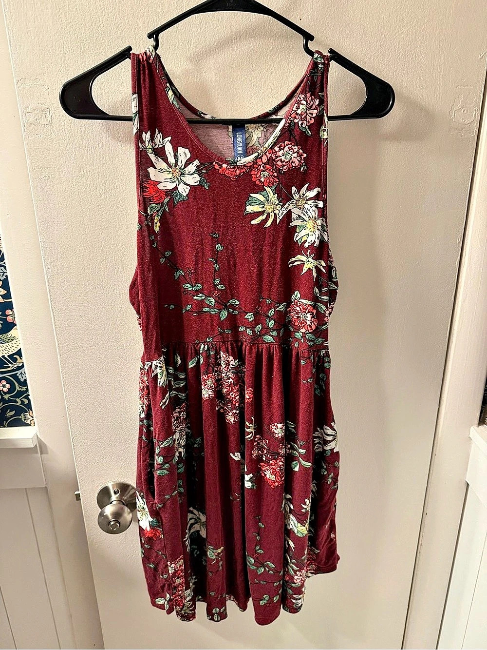 LONGYUAN Women's Summer Sleeveless Casual Dress Floral Midi Dress Burgundy & Red